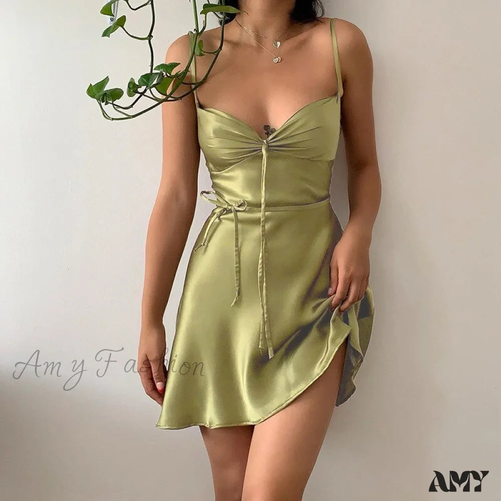 Amy Fashion - Green Mini Dress Sexy Satin Slip Summer / S
