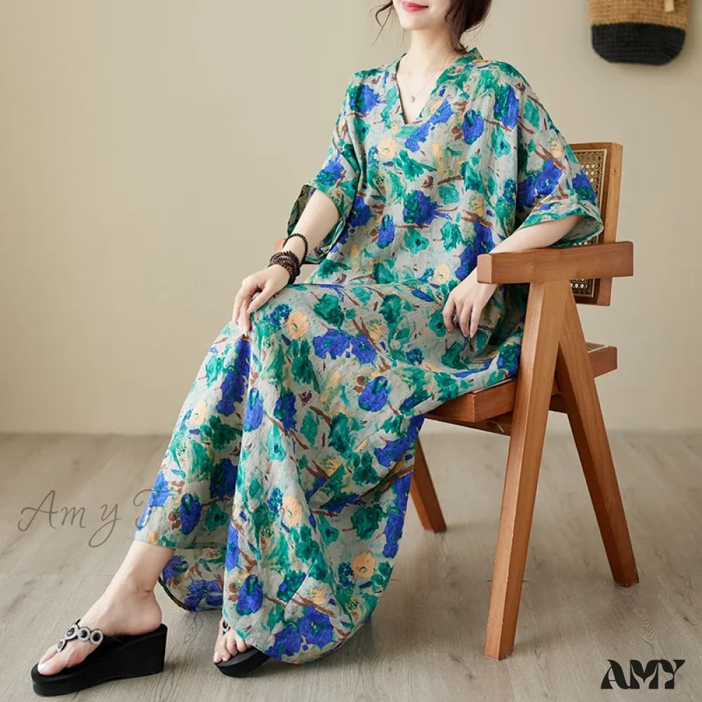 Amy Fashion - Green Red Cotton Linen Print Batwing Sleeve Retro Boho Dress