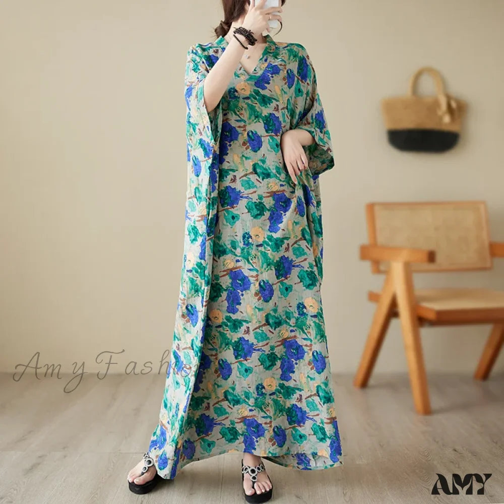 Amy Fashion - Green Red Cotton Linen Print Batwing Sleeve Retro Boho Dress