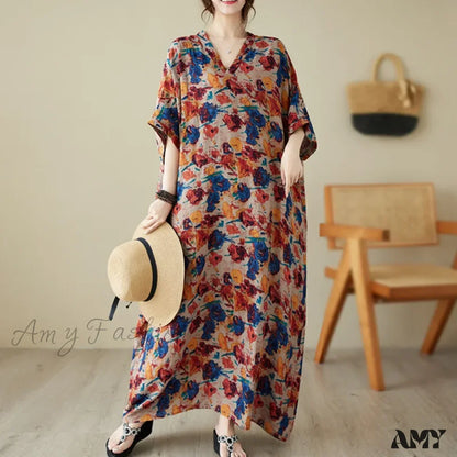 Amy Fashion - Green Red Cotton Linen Print Batwing Sleeve Retro Boho Dress