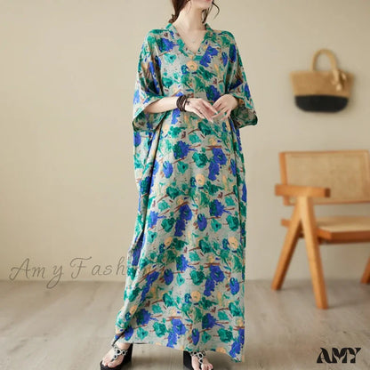 Amy Fashion - Green Red Cotton Linen Print Batwing Sleeve Retro Boho Dress / One Size