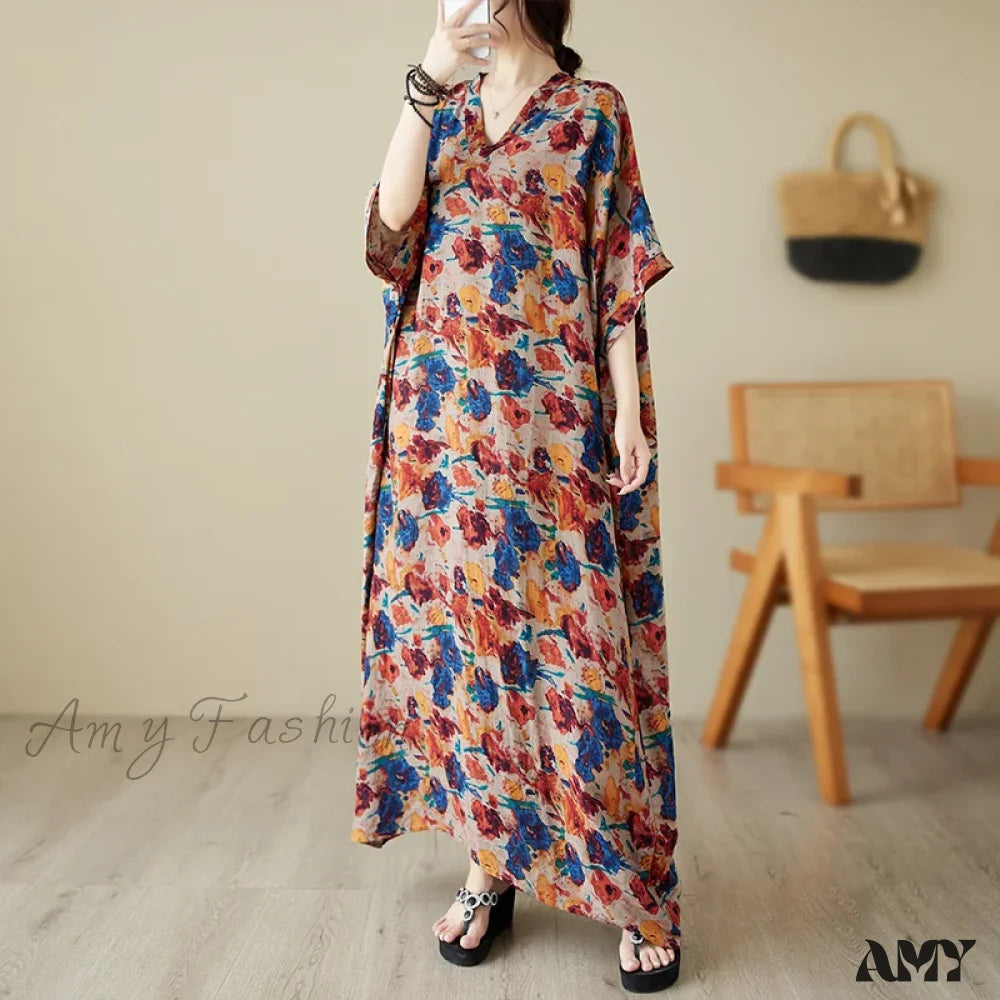 Amy Fashion - Green Red Cotton Linen Print Batwing Sleeve Retro Boho Dress / One Size