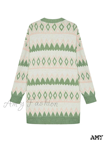 Amy Fashion - Green White Knee Length Loose Open Cardigan Sweater