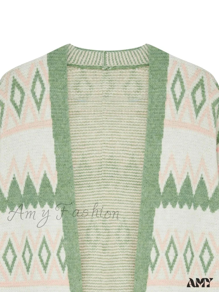 Amy Fashion - Green White Knee Length Loose Open Cardigan Sweater