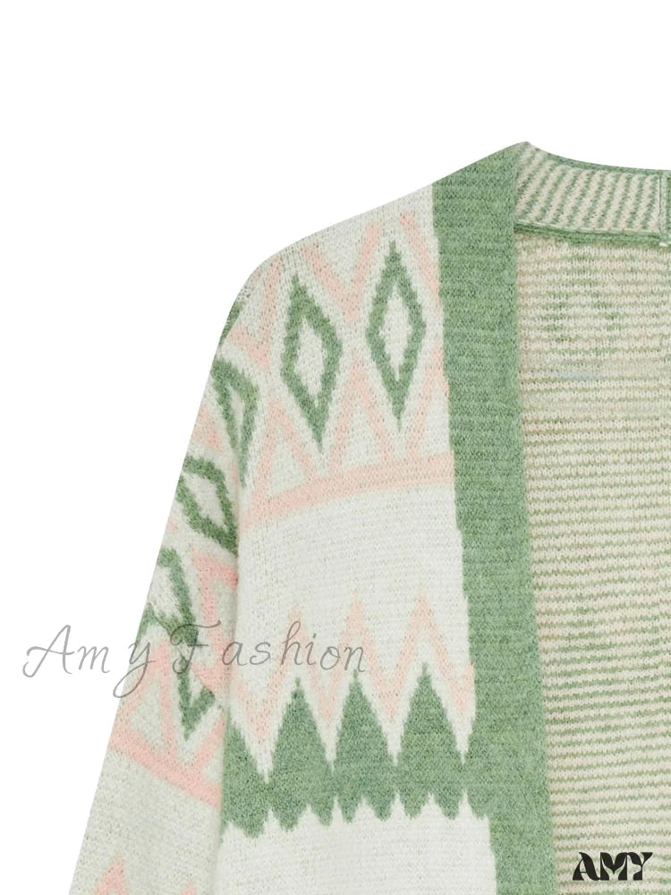 Amy Fashion - Green White Knee Length Loose Open Cardigan Sweater