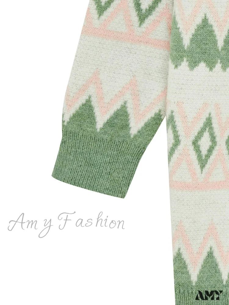 Amy Fashion - Green White Knee Length Loose Open Cardigan Sweater