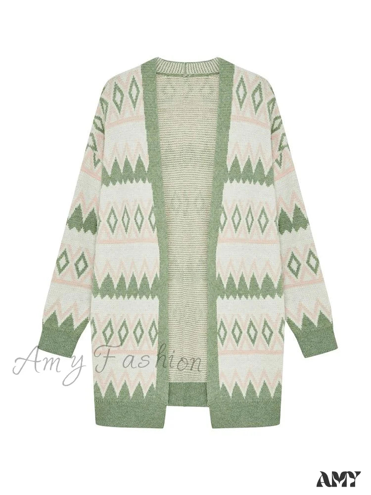 Amy Fashion - Green White Knee Length Loose Open Cardigan Sweater / S