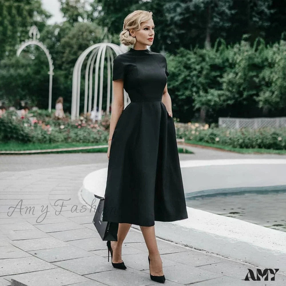 Amy Fashion - Half High Collar Waist A-Line Dresses Slim Fit Midi Dress