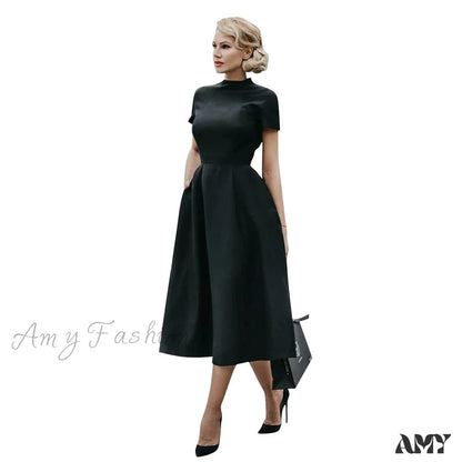 Amy Fashion - Half High Collar Waist A-Line Dresses Slim Fit Midi Dress