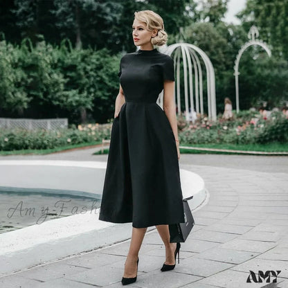 Amy Fashion - Half High Collar Waist A-Line Dresses Slim Fit Midi Dress Black / S