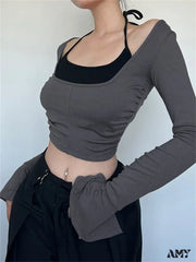 Amy Fashion - Halter Tie-Upoff Shoulder Patchwork Long Sleeve Slim Fit T-Shirts