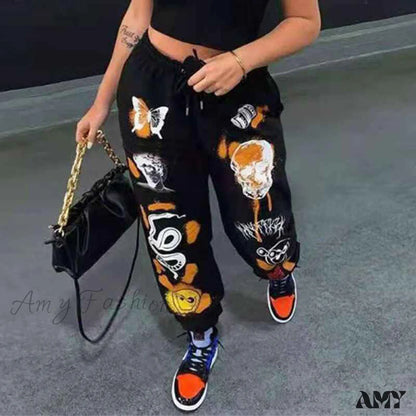 Amy Fashion - Harajuku Butterfly Skull Printed Trousers Black / S