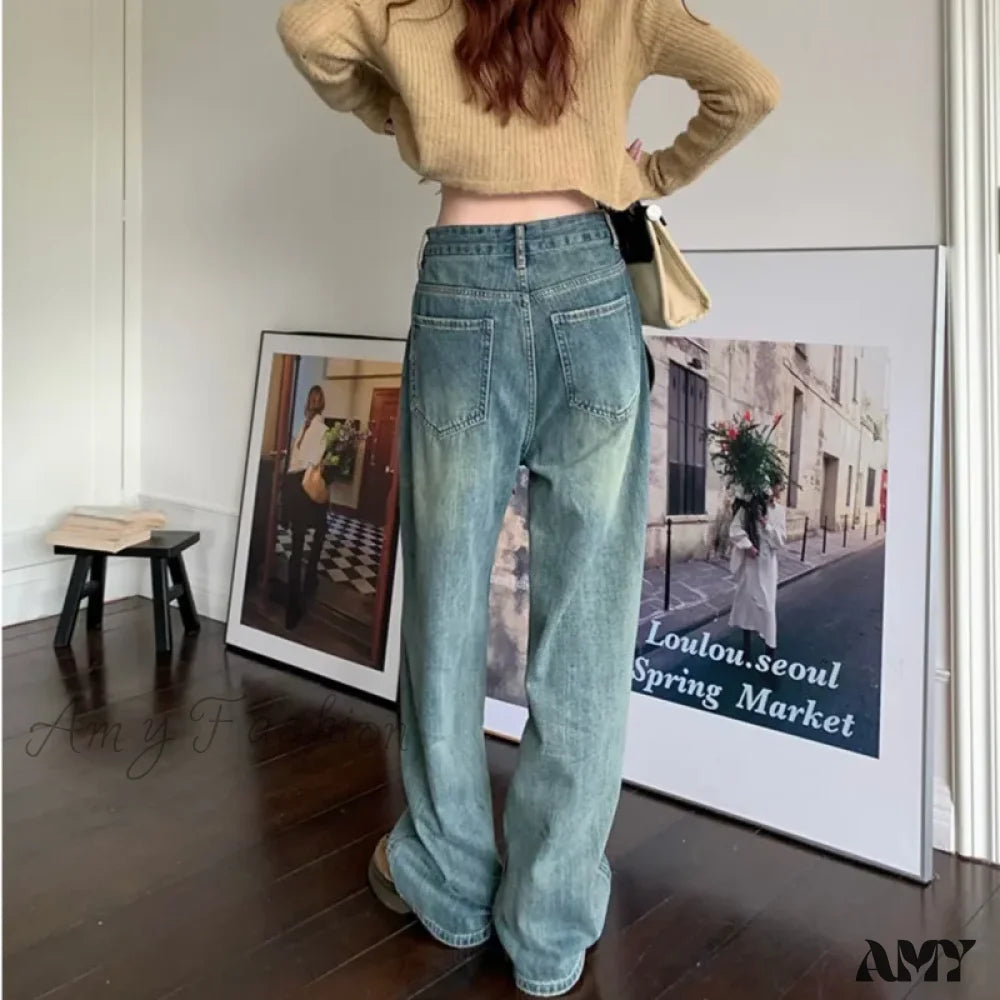 Amy Fashion - Harajuku Trend Japanese Style High-Waisted Straight New Autumn Leg Jean