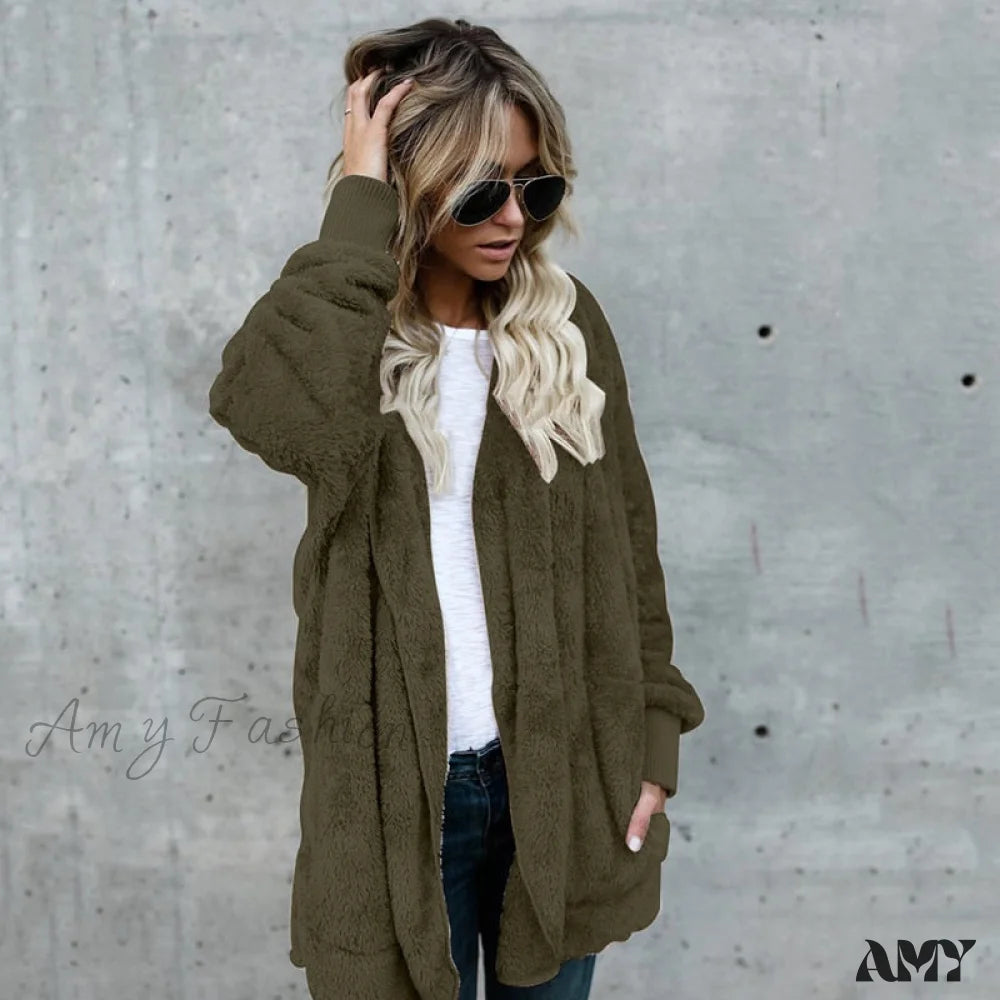 Amy Fashion - Harajuku Women Loose Long Cardigan Ladies Warm Coat Outwear Army Green / S