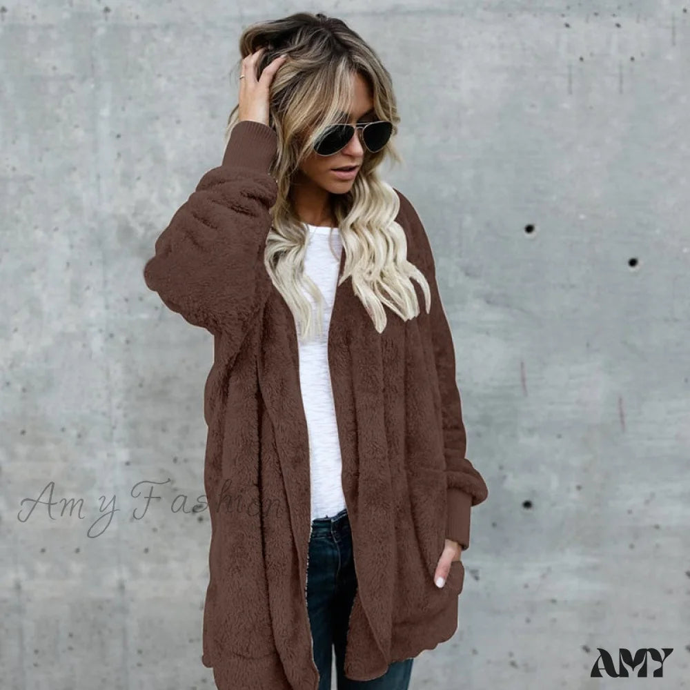 Amy Fashion - Harajuku Women Loose Long Cardigan Ladies Warm Coat Outwear Coffee / S