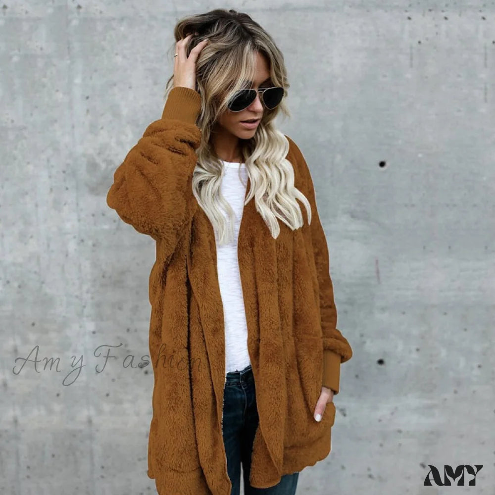 Amy Fashion - Harajuku Women Loose Long Cardigan Ladies Warm Coat Outwear Dark Yellow / S