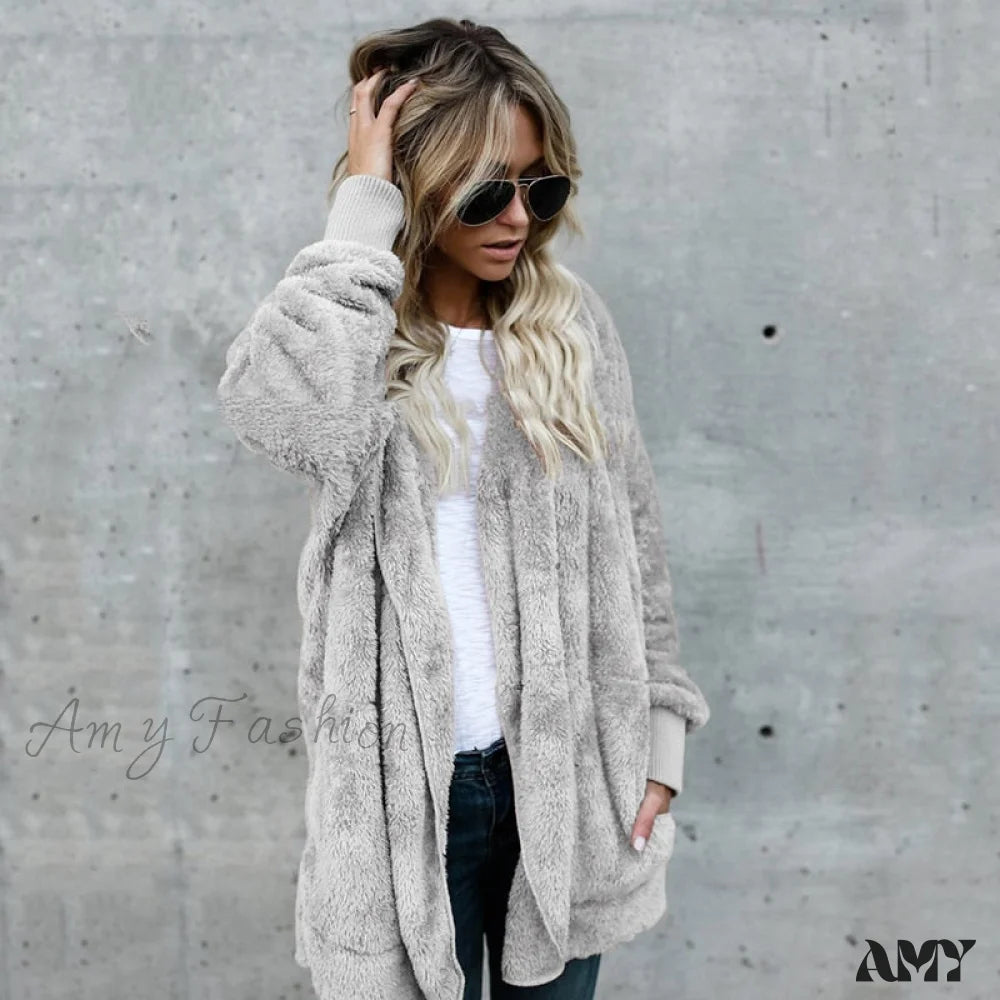 Amy Fashion - Harajuku Women Loose Long Cardigan Ladies Warm Coat Outwear Gray / S