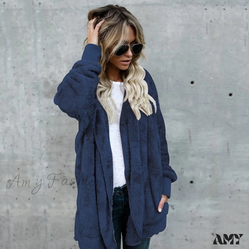 Amy Fashion - Harajuku Women Loose Long Cardigan Ladies Warm Coat Outwear Royal Blue / S