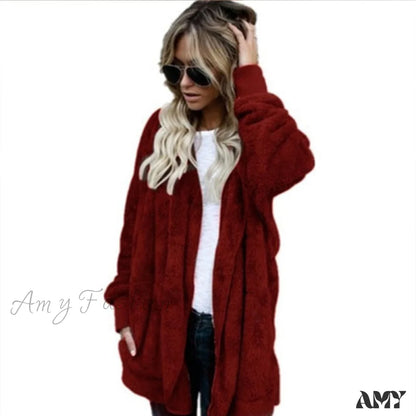 Amy Fashion - Harajuku Women Loose Long Cardigan Ladies Warm Coat Outwear Wine Red / S