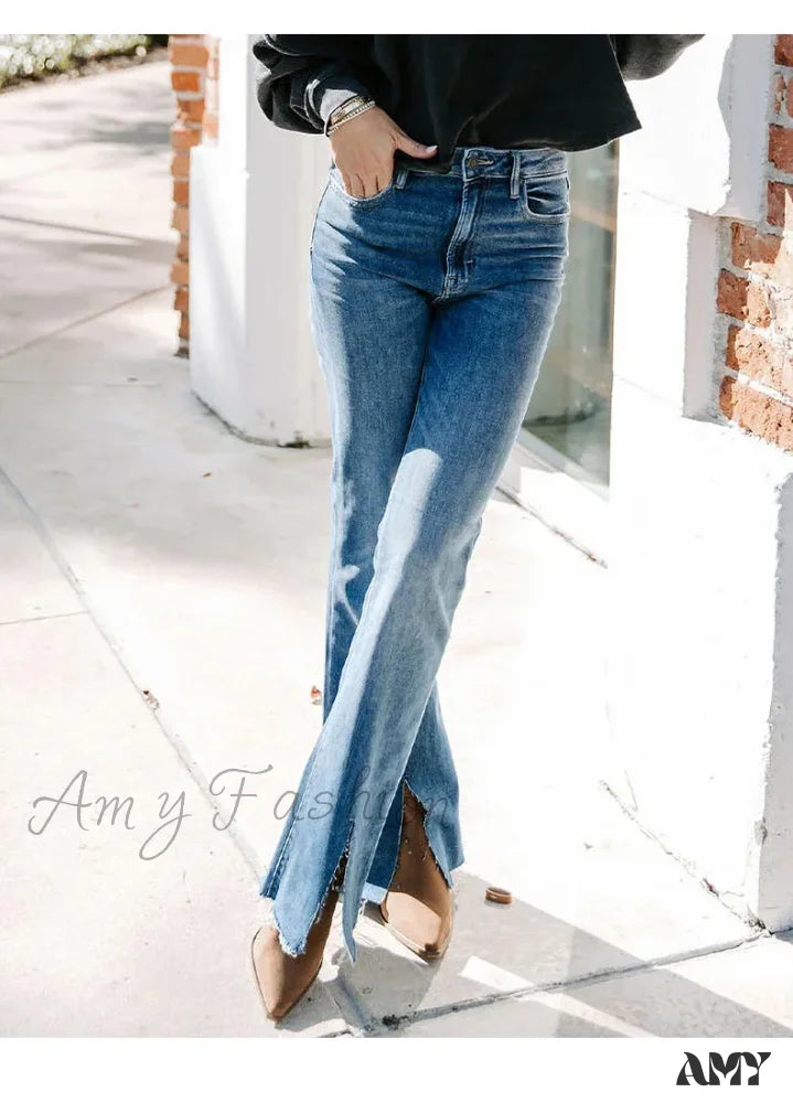 Amy Fashion - High Elastic Flare Casual Slim Vintage Washed Denim Jean