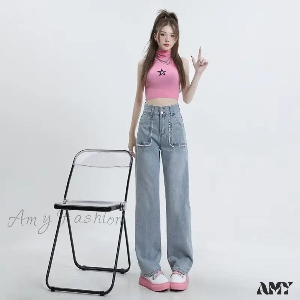 Amy Fashion - High End Raw Edge Stitching Design Lifting Buttocks Slimming Straight Wash Summer