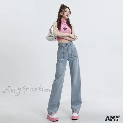 Amy Fashion - High End Raw Edge Stitching Design Lifting Buttocks Slimming Straight Wash Summer