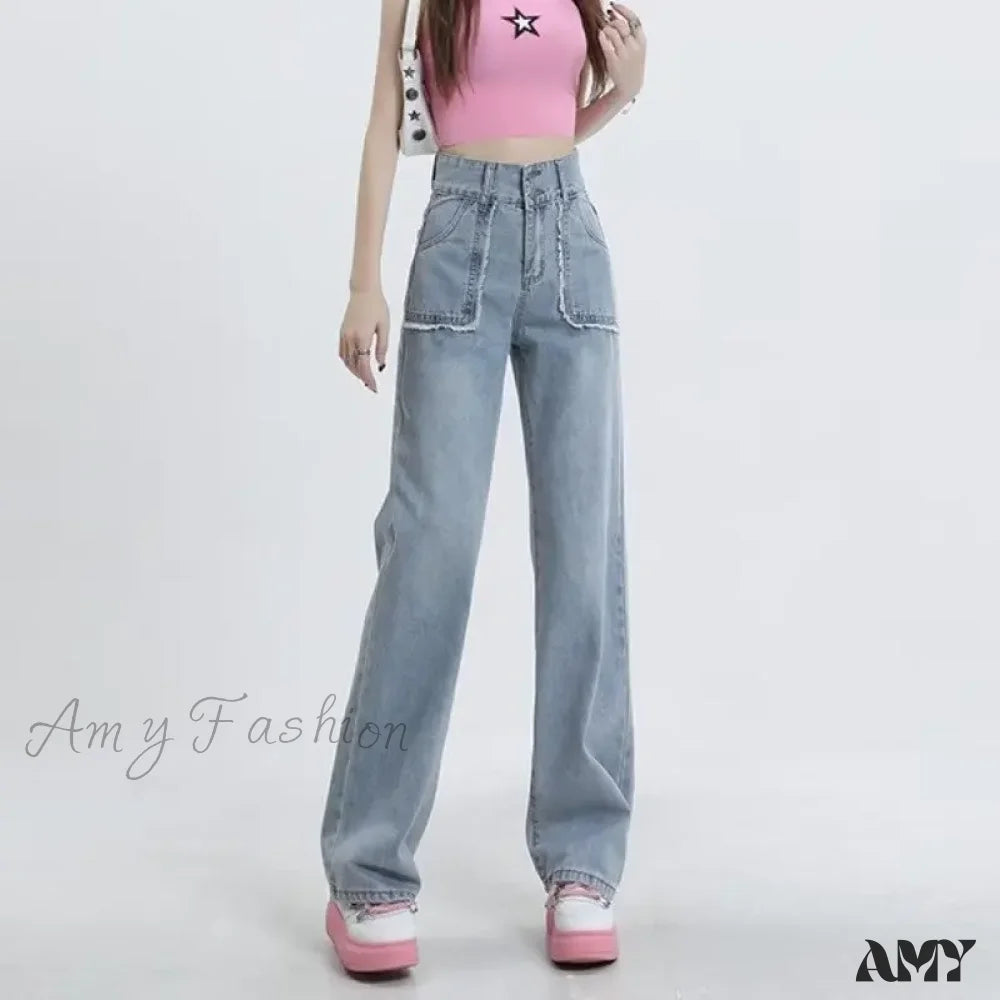 Amy Fashion - High End Raw Edge Stitching Design Lifting Buttocks Slimming Straight Wash Summer