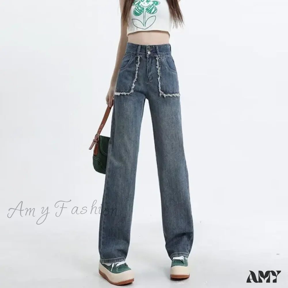 Amy Fashion - High End Raw Edge Stitching Design Lifting Buttocks Slimming Straight Wash Summer