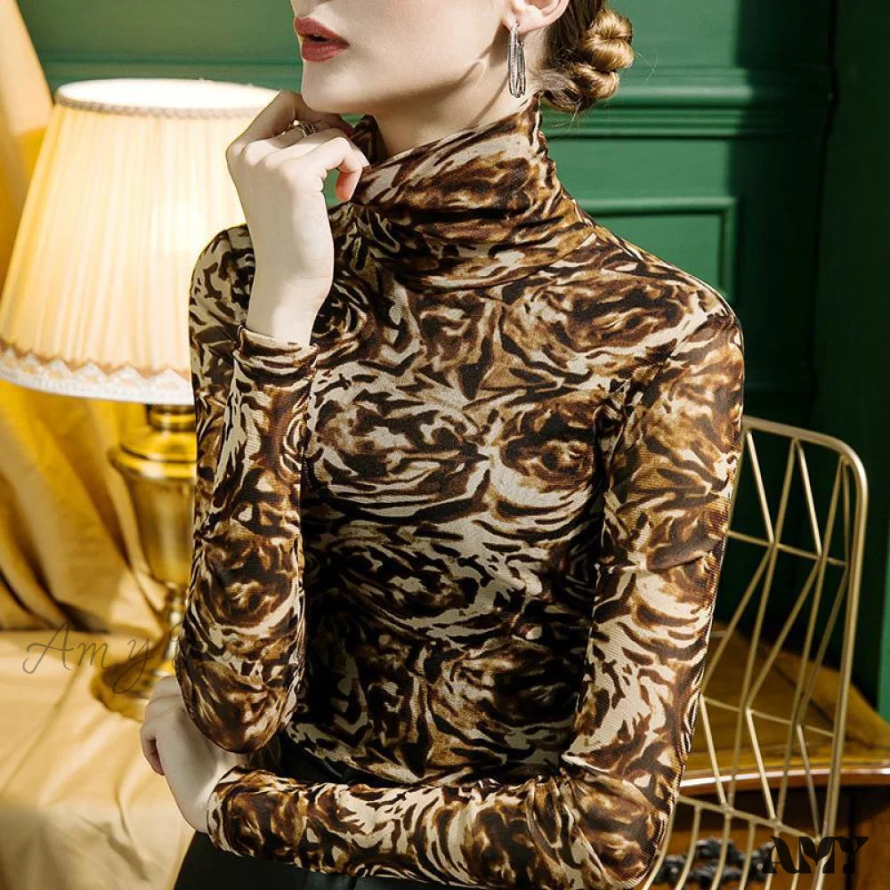 Amy Fashion - High-Neck Leopard Print Mesh T-Shirt