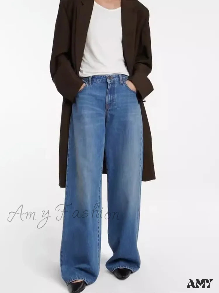 Amy Fashion - High Quality Autumn New Floor-Length Denim High-Waisted Minimalist Style Loose