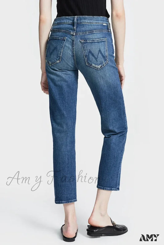 Amy Fashion - High Quality Mo Zipper Women’s Straight Waist Female Ankle-Length Denim 2024 Fall