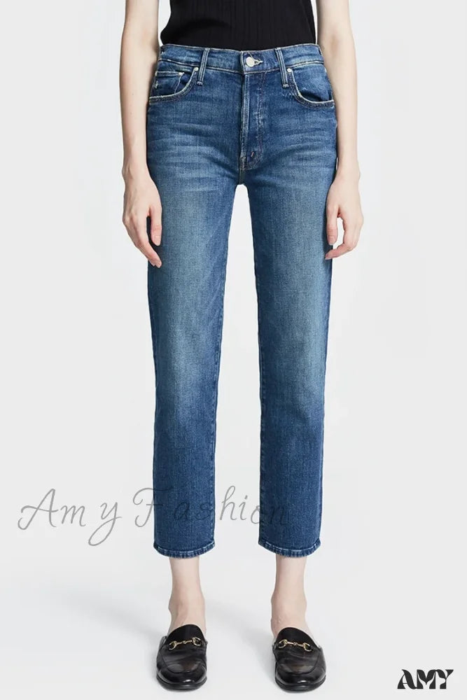 Amy Fashion - High Quality Mo Zipper Women’s Straight Waist Female Ankle-Length Denim 2024 Fall