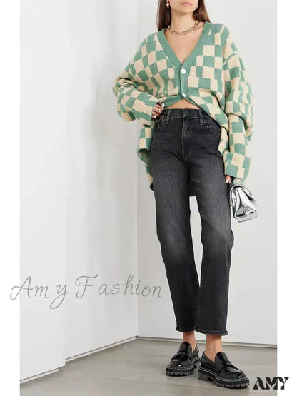 Amy Fashion - High Quality Mo Zipper Women’s Straight Waist Female Ankle-Length Denim 2024 Fall