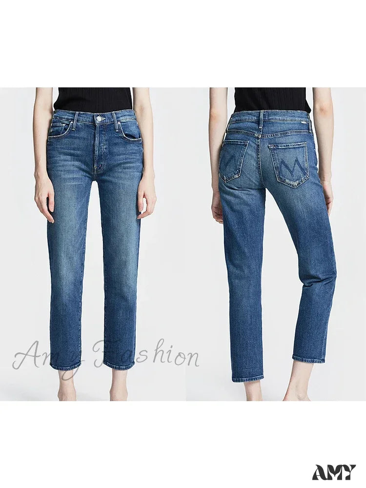 Amy Fashion - High Quality Mo Zipper Women’s Straight Waist Female Ankle-Length Denim 2024 Fall