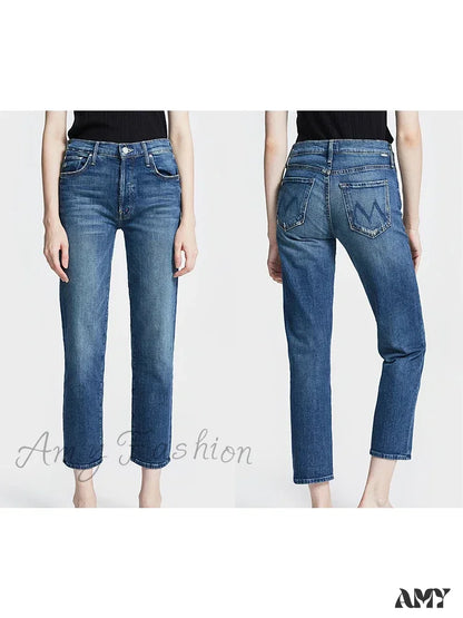 Amy Fashion - High Quality Mo Zipper Women’s Straight Waist Female Ankle-Length Denim 2024 Fall