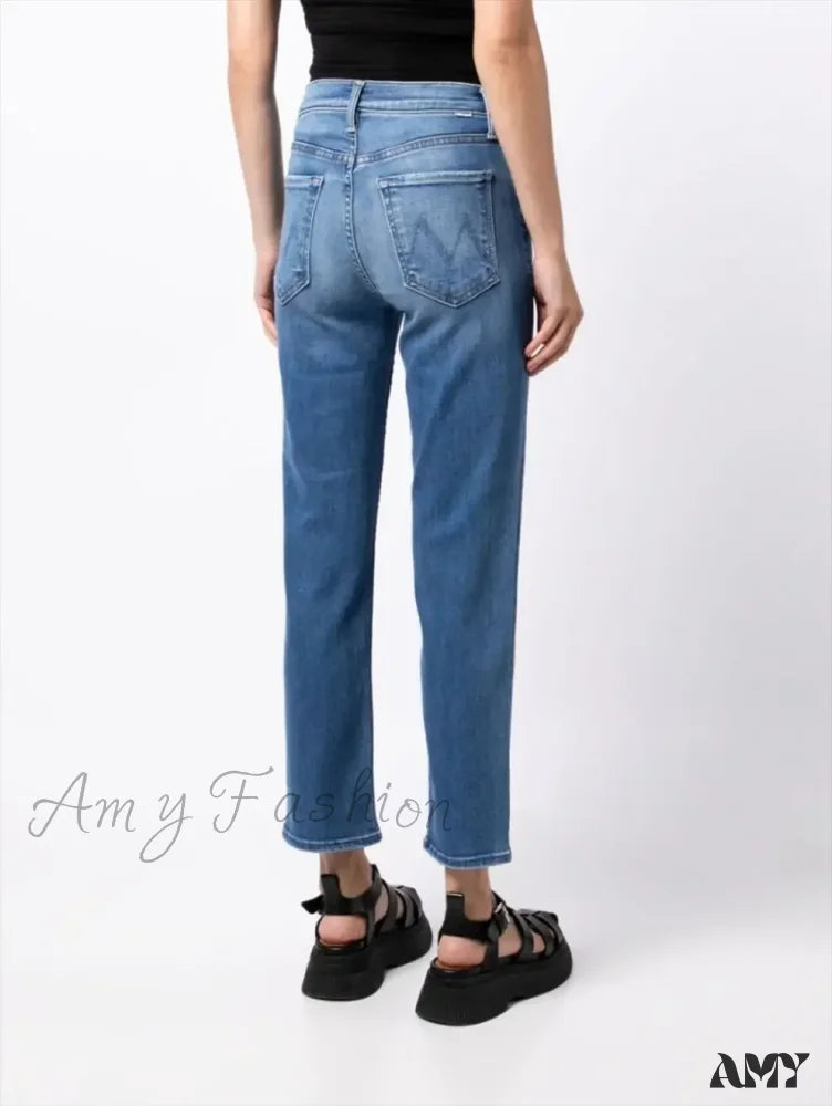 Amy Fashion - High Quality Mo Zipper Women’s Straight Waist Female Ankle-Length Denim 2024 Fall