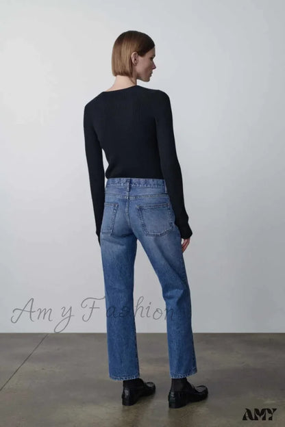 Amy Fashion - High Quality Retro Lady Straight-Leg Spring And Autumn Simple Casual Waist Denim Jean