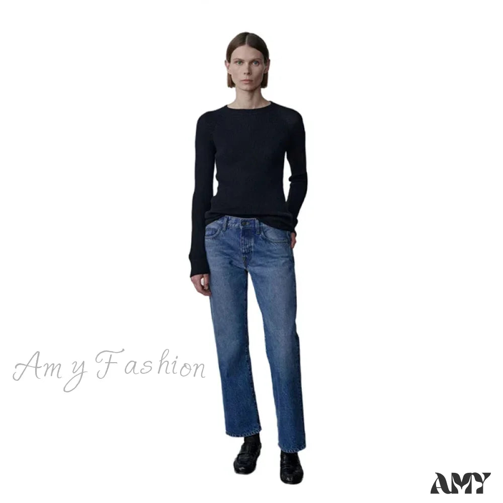 Amy Fashion - High Quality Retro Lady Straight-Leg Spring And Autumn Simple Casual Waist Denim Jean