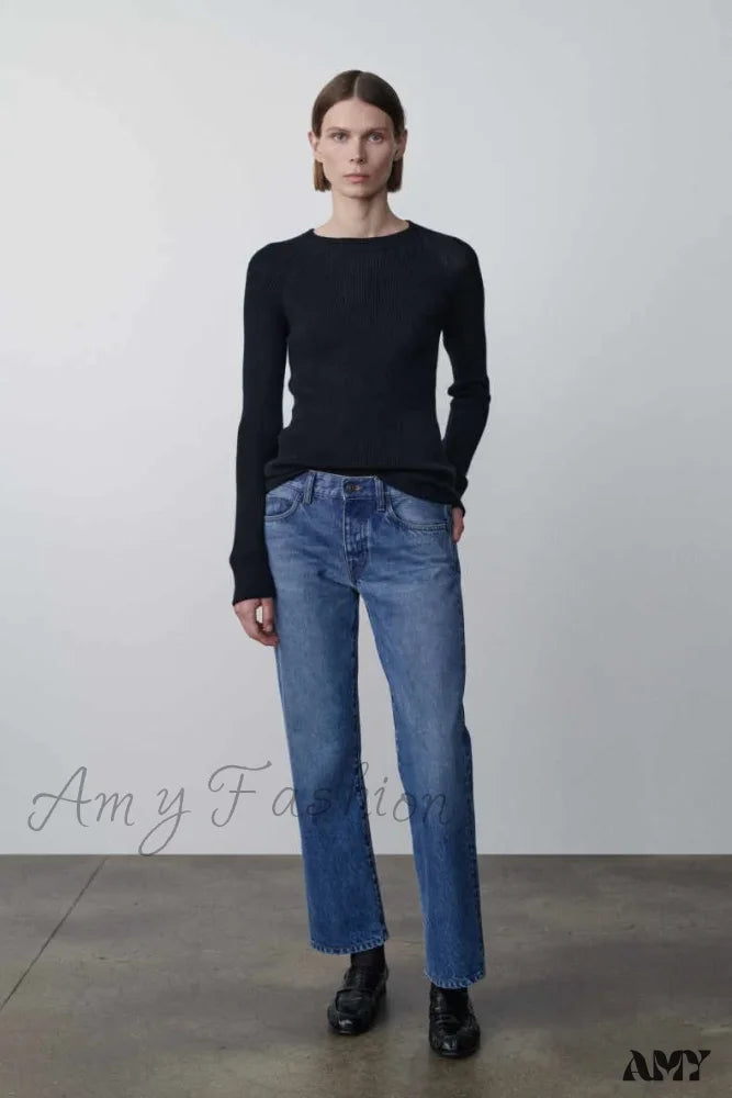 Amy Fashion - High Quality Retro Lady Straight-Leg Spring And Autumn Simple Casual Waist Denim Jean