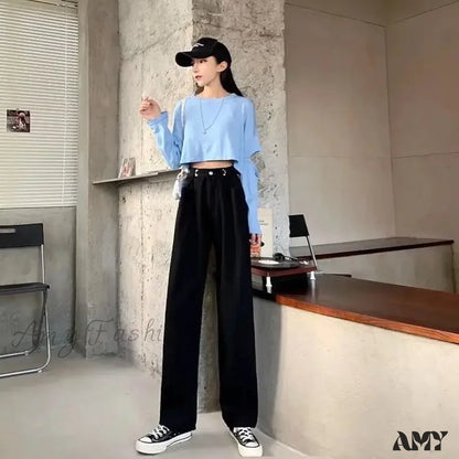 Amy Fashion - High Quality Vintage Blue Wide-Leg Straight Jean