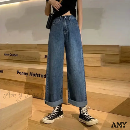 Amy Fashion - High Quality Vintage Blue Wide-Leg Straight Jean