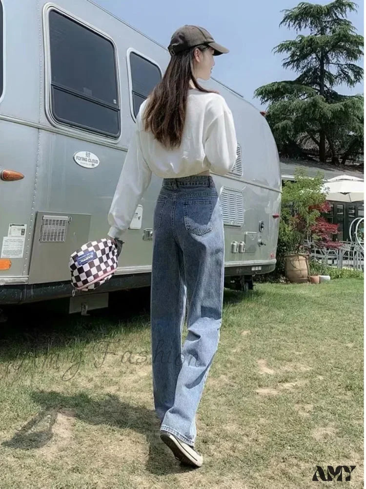 Amy Fashion - High Quality Vintage Blue Wide-Leg Straight Jean