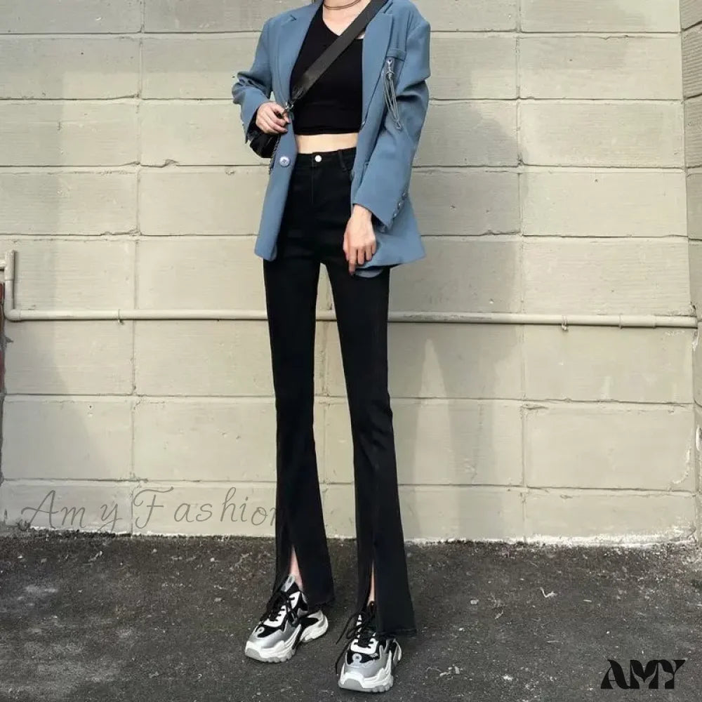 Amy Fashion - High Quality Vintage Blue Wide-Leg Straight Jean Black / Xs