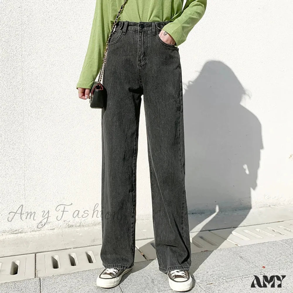 Amy Fashion - High Quality Vintage Blue Wide-Leg Straight Jean Dark Grey / Xs