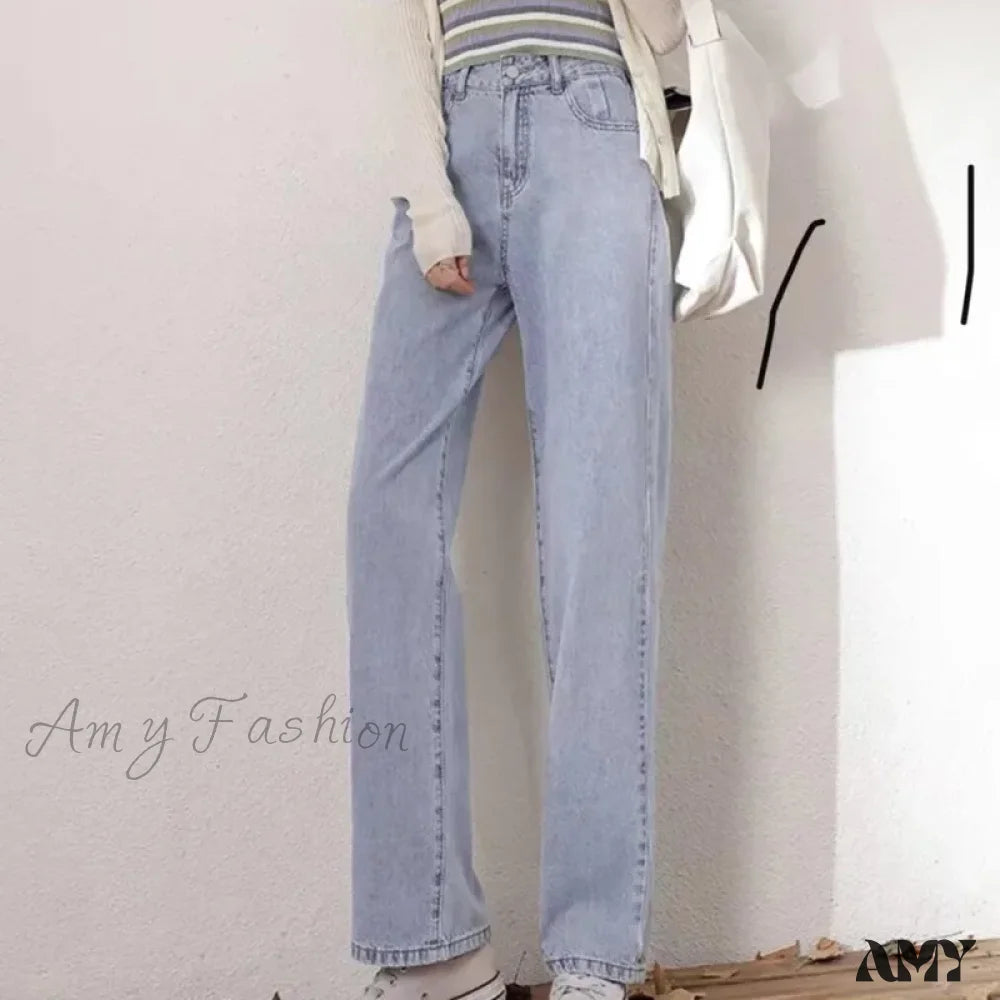 Amy Fashion - High Quality Vintage Blue Wide-Leg Straight Jean Light / Xs