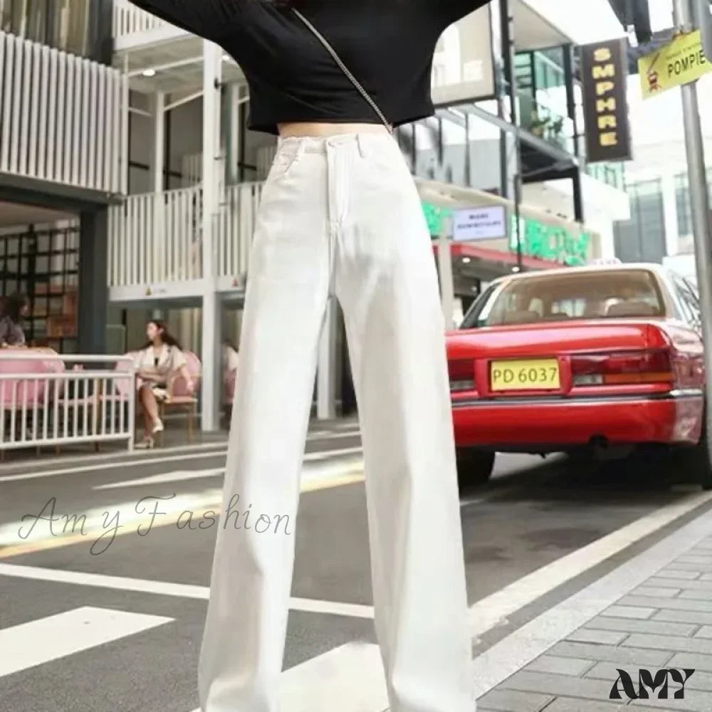 Amy Fashion - High Quality Vintage Blue Wide-Leg Straight Jean White / Xs