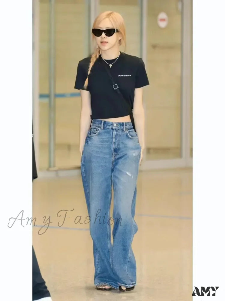 Amy Fashion - High Quality High-Waisted Vintage Denim Women’s Frayed Versatile Blue Straight