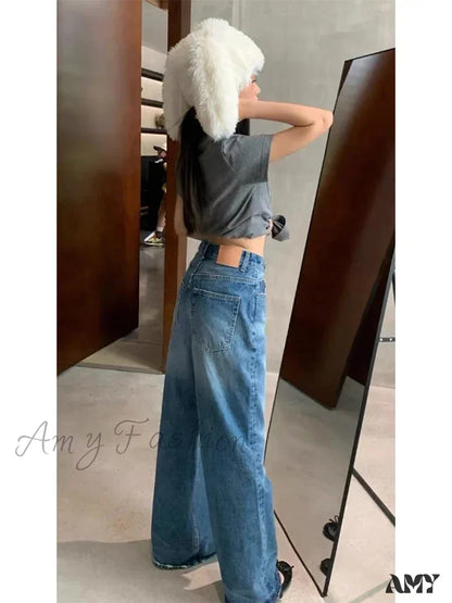 Amy Fashion - High Quality High-Waisted Vintage Denim Women’s Frayed Versatile Blue Straight