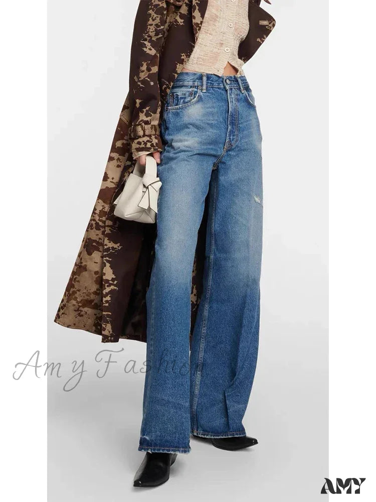 Amy Fashion - High Quality High-Waisted Vintage Denim Women’s Frayed Versatile Blue Straight