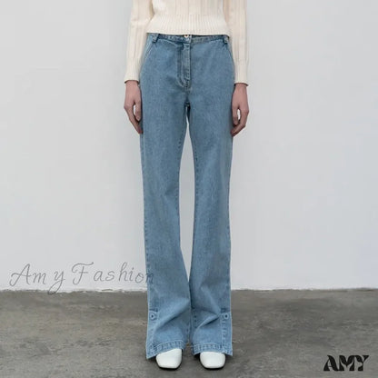 Amy Fashion - High Quality Women Spring And Autumn All-Match Side Slit Straight Waist Bootcut Jean